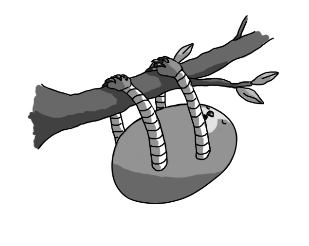 An ovoid robot with four long, banded limbs. It's hanging by all four limbs from a tree branch with interlinked clawed hands and has its eyes closed. Its face has the patterning and nose of a sloth.