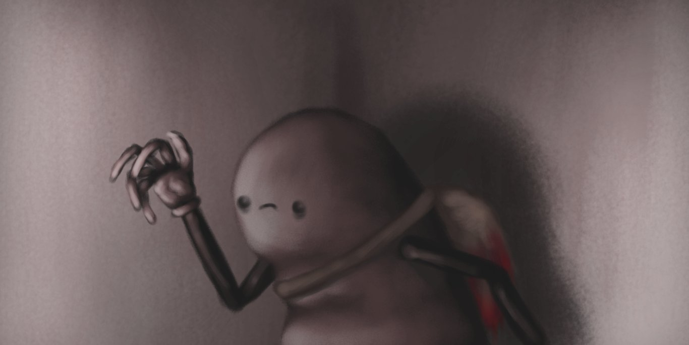 A desaturated, sepia-toned image of rounded, lumpen robot with long, jointed arms. It's standing in a corner, raising one arm to reveal a hand with long, clawed fingers. A pack is strapped to its back, which is suspiciously discoloured with moist, crimson stains with something dripping from the bottom. The robot has a strange, mournful expression on its face.