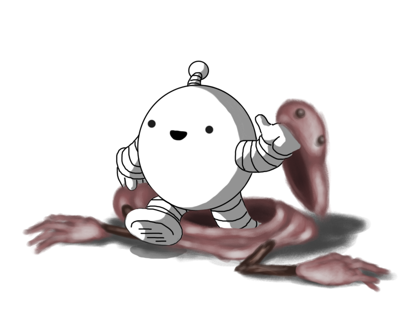 A smiling, spherical robot with banded arms and legs and an antenna. It's climbing out of a limp, empty costume that resembles a horrible, brown robot with joined arms, long, claw-like fingers and which has a separate head sporting staring, hollow eyes that the robot is holding in one hand. The robot is drawn in the normal grayscale line-art style with sharp shading, while the costume is in the soft, airbrush style of the recent Horrorbots with gradient shading. Confusingly, each part of the drawing casts its own shadow in its own style.