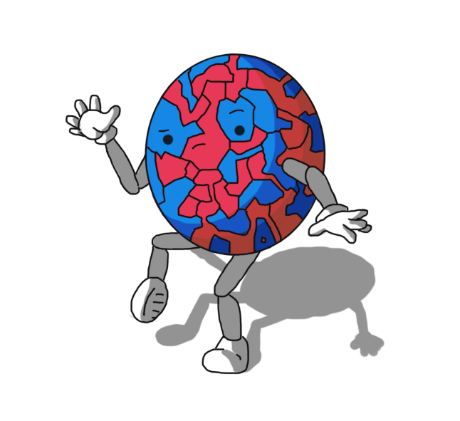 An ovoid robot with jointed arms and legs. It's lifting one leg, holding out its arms and twisting slightly in order to look down at itself doubtfully. The robot's body is made up of a mosaic of seemingly random shapes coloured in either blue or red. The blue shapes are mostly large and relatively regular, while the red ones snake around, arbitrarily connecting up disparate areas, or are divided up into small fragments.