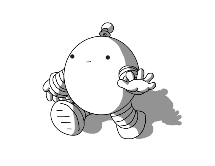 A spherical robot with banded arms and legs and a coiled antenna. It's walking along, looking off to one side with a slightly distracted smile on its face, and holding out its hand in an informal wave.