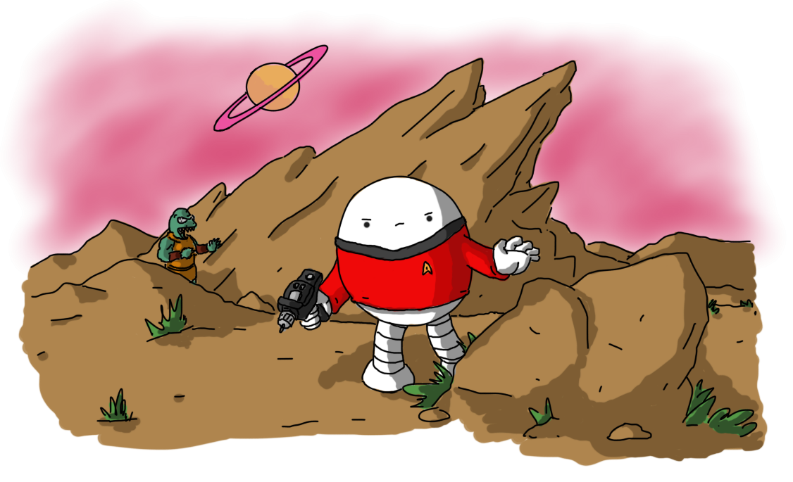 An ovoid robot wearing a Star Trek uniform jersey in the classic red of the operations division, wielding a hand phaser as it creeps past a rocky outcropping, frowning into the distance. Behind it, an angled, spiky rock formation that doesn't in any way resemble Vasquez Rocks in California looms in front of a pink, alien sky with a ringed planet high above. Approaching from behind the unknowing robot is a Gorn from the Star Trek episode "Arena".