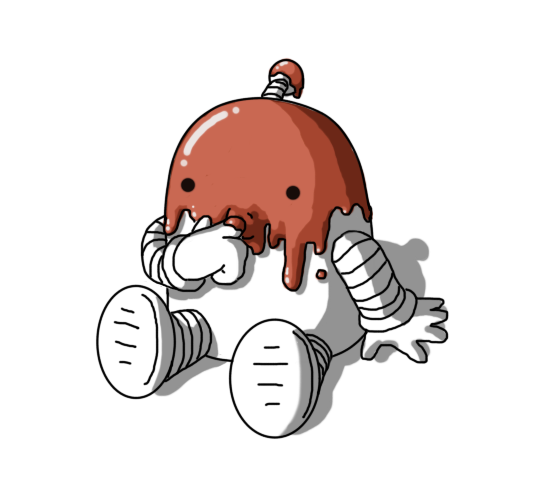 A round topped robot with banded arms and legs and an antenna, sitting on the ground with its feet splayed out in front of it. Reflective brown chocolate is dripping down the robot, covering about half of its body and almost all of its antenna bobble. The robot is sticking one ganache-covered finger in its mouth.