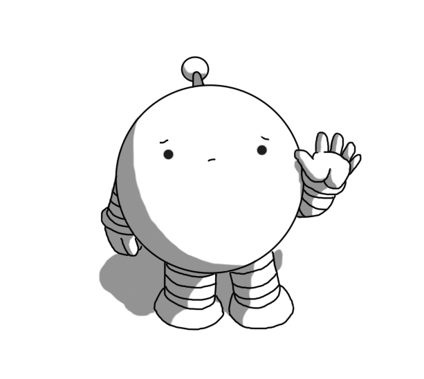 A spherical robot with banded arms and legs and an antenna. It looks sad and is holding up a hand, waving goodbye.