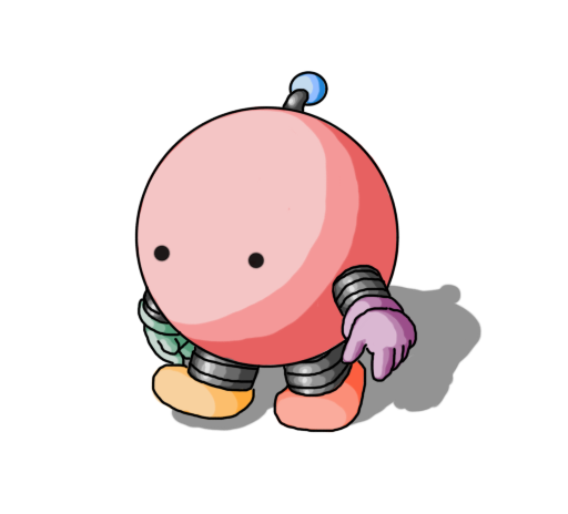 A spherical robot with banded arms and legs and an antenna. Each section of the robot is coloured in a pale, pastel tone: its body is pink, its left foot is orange, its right foot is yellow, its right hand is green, the bobble of its antenna is blue and its left hand is purple. The robot has no mouth, and its eyes and arms are set quite low down on its body.