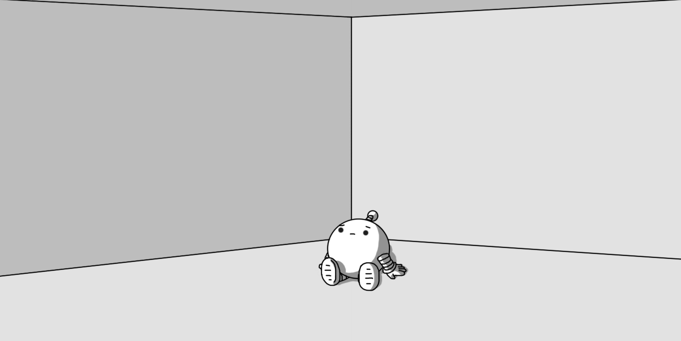 A view of an empty room, with a spherical robot with banded arms and legs and an antenna sitting on the floor near the corner. The robot looks bereft and maybe a bit surprised.