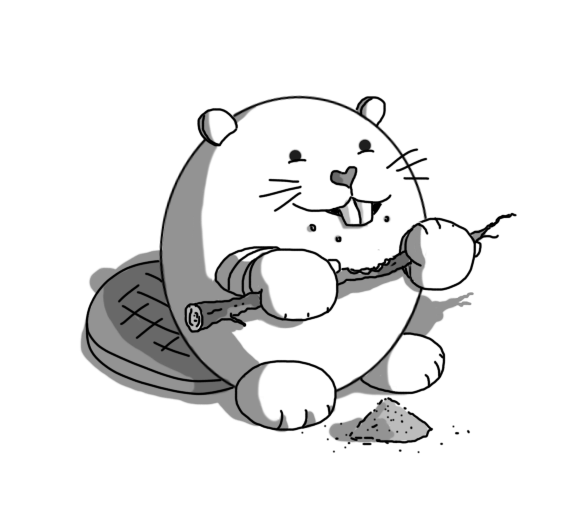 An ovoid robot in the vague form of a beaver. It's sitting up on its hind legs, with a flat, cross-hatched tail lying behind it, has little round hands and feet that resemble paws and round ears. It has whiskers, a heart-shaped nose, and two large incisors protruding from its mouth. It grasps a stick in its hands, from which has been taken a large bite, leaving crumbs around its mouth and a little, conical pile of sawdust at its feet. It looks rather pleased with itself.