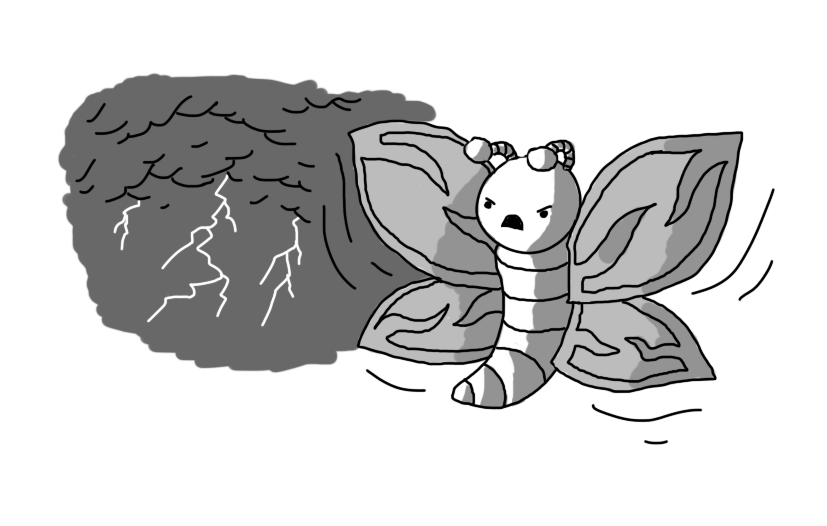 A robot in the form of a butterfly, with a banded body and antennae and large, patterned, leaf-shaped wings that it is furiously flapping. In the background, lightning forks down from dark clouds.