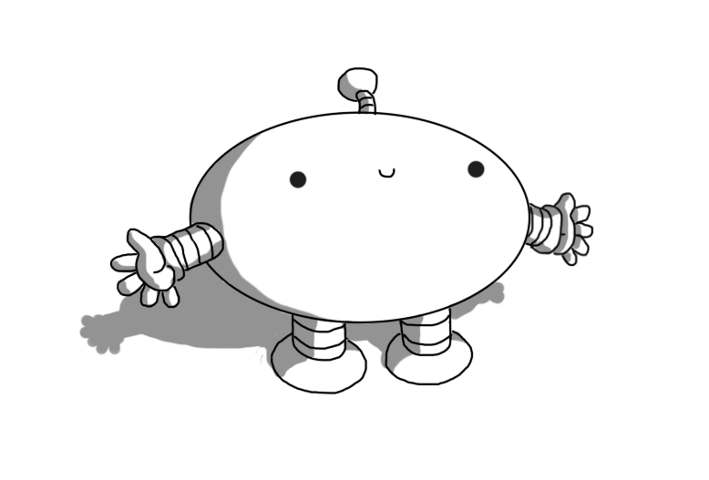 An ovoid robot with banded arms and legs and an antenna.  But, crucially, the ovoid is on its side, so the robot is unusually wide.