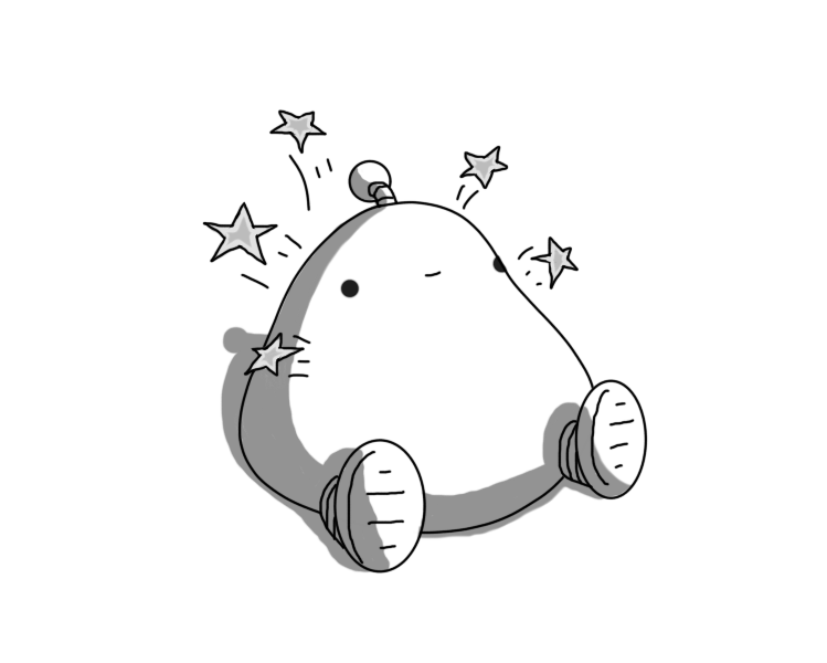 An amorphous robot sitting on the ground with its banded legs splayed out in front of it. It has a little antenna and a vacant smile on its face. Little stars are flying out of it, presumably indicating its magical nature.
