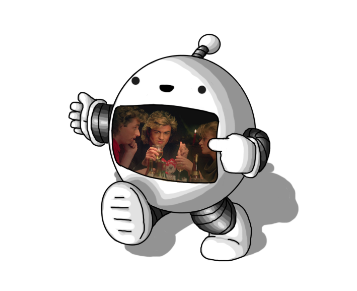 A spherical robot with banded arms and legs and an antenna. It's walking along, cheerfully pointing at a large screen set in its front, which is showing a shot of the music video for "Last Christmas" by Wham!, specifically the part where George Michael, with his blonde, feathered haircut, is sitting at the end of the dining table, cradling a glass of wine, uninvolved with the conversation around him as he looks meaningfully at his ex-, who is now in a relationship with Andrew Ridgeley.