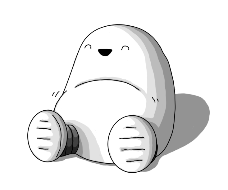A round-topped robot with a large belly and banded legs, sitting on the ground and laughing so hard its belly is wobbling.