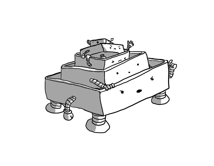 A set of five rectangular robot tins for baking cakes. Each has a face on the front, arms on either side and four squat legs in each corner. They are stacked within one another and the second and third ones down are having a fight, angrily pulling at one another. The topmost tin is out of alignment and looks alarmed while the one on the bottom seems to be sternly telling the others off.