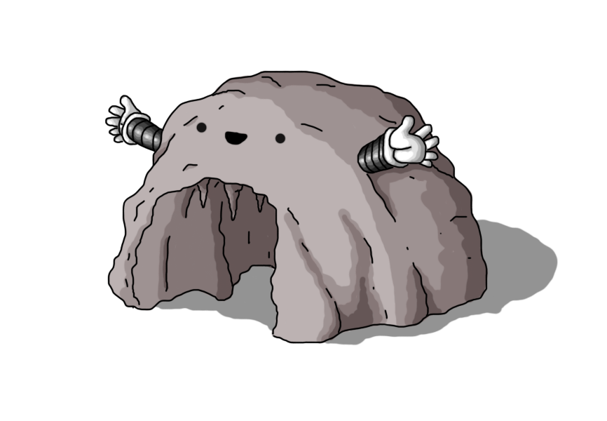 A robot in the form of a rocky hillock with a large cavity on its front, allowing access to a shadowy tunnel with stalactites hanging from the ceiling. It has two banded arms on either side, extended in welcome, and a smiling face above the cave mouth.