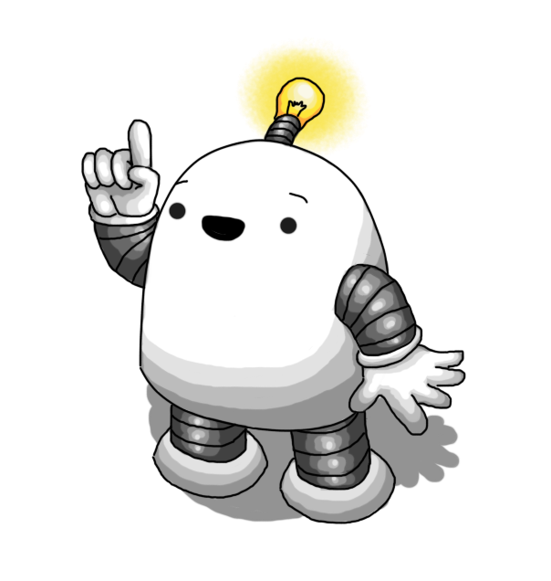 A round topped robot with banded arms and legs and an antenna with a yellow, glowing lightbulb on the end. It's holding up one finger and looks surprised and delighted, as if it's just come up with an idea (which it has).