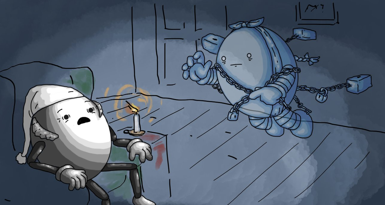 A scene depicting Scroogebot in a nightcap, riveted to its armchair in fear, a candle on the small table next to it, as the spectral form of Marleybot appears floating before it in darkened chambers. Marleybot is an avoid robot with banded arms and legs, a braided tail of hair tied with a ribbon floating behind it and a kerchief tied longitudinally around its whole body, tied at the top. Chains are wrapped around it, hung with keys and padlocks, and suspended from floating cash boxes. The robot has glazed, empty eyes and is raising one hand threateningly while the other points at Scroogebot. Marleybot is coloured only in shades of blue and is semi-transparent, revealing some details of the room behind it through its body.