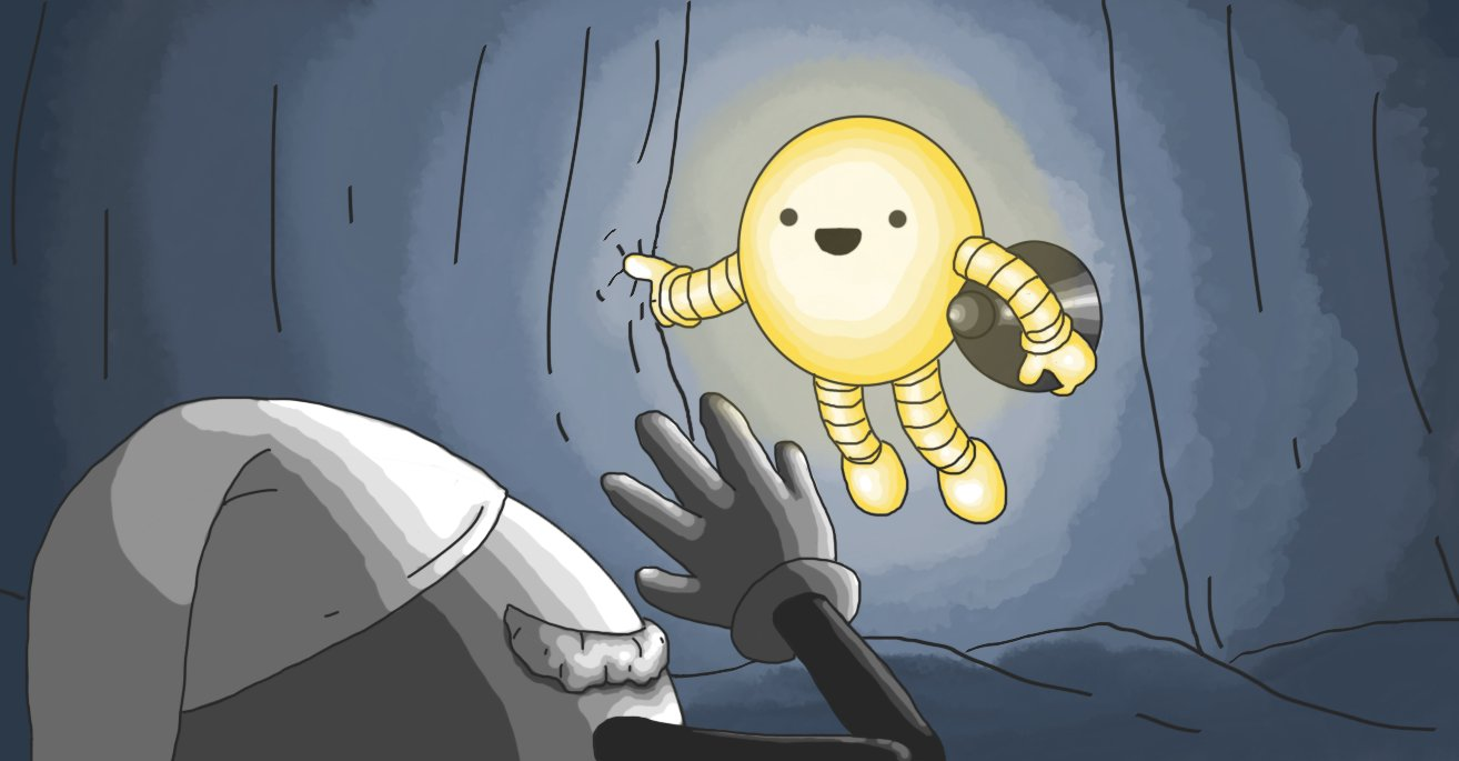 A scene of Scroogebot viewed from behind, wearing its nightcap and holding up its hand defensively as the drapes are thrown back on its bed by a floating, spherical robot with banded arms and legs and a happy expression on its face. The robot is glowing with golden light, illuminating the scene, and carries a black, conical hat under its arm with a little sphere on the end.