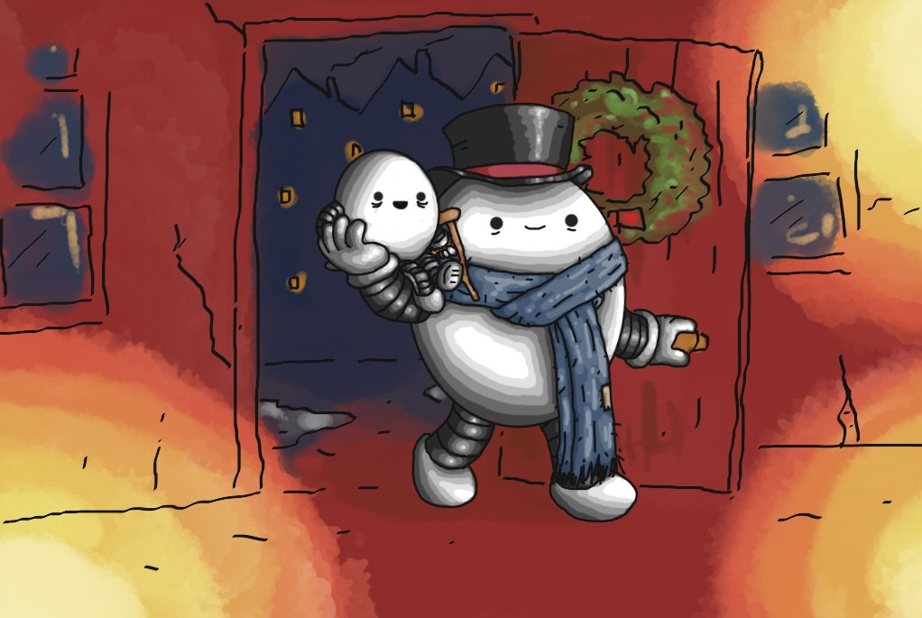 A scene depicting two robots entering a warmly-lit home from an urban Victorian street visible outside. The larger of the two robots is ovoid, with banded arms and legs, and is wearing a top hat and a large, blue scarf around it that looks a bit threadbare and has a mismatched patch sewn on it. The other robot is perched on the first one's shoulder. It's also ovoid, but very much smaller, with banded arms and legs that have a little metal frame attached to them. It also carries a wooden crutch tucked under its arm, and has lines under its eyes to indicate its frailty. Both robots look happy, with the little one smiling especially widely in delight at the scene before them to which we aren't party. A wreath hangs from the door, which looks cheaply made from planks of wood. The interior walls of the home are also cracked, with plaster flaking off here and there.