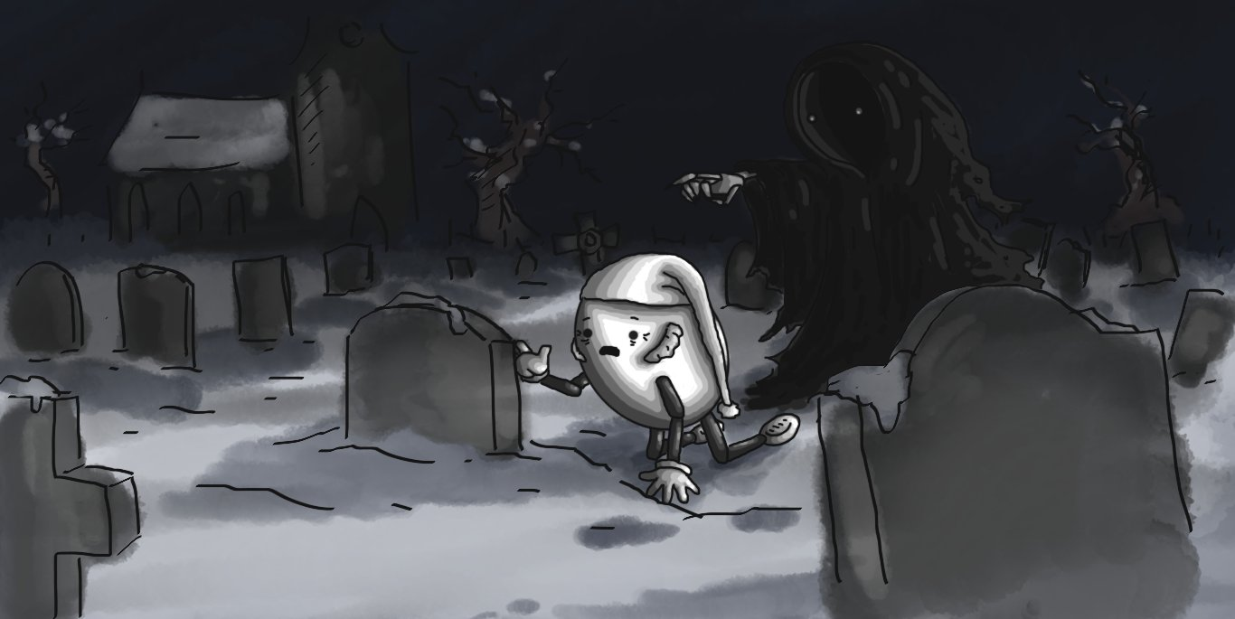 A scene of a dark, snowy graveyard, with a church in the background and several stark trees surrounding it. Scroogebot is on its knees, looking terrified before a gravestone, while behind it is a shrouded, hooded robot (?) whose tattered robes are being stirred by the wind. It is holding out one hand and pointing to the grave, and its hand is robotic, but segmented and pale so it resembles a skeletal claw. Within its hood, all is dark, except for two pale, staring eyes.
