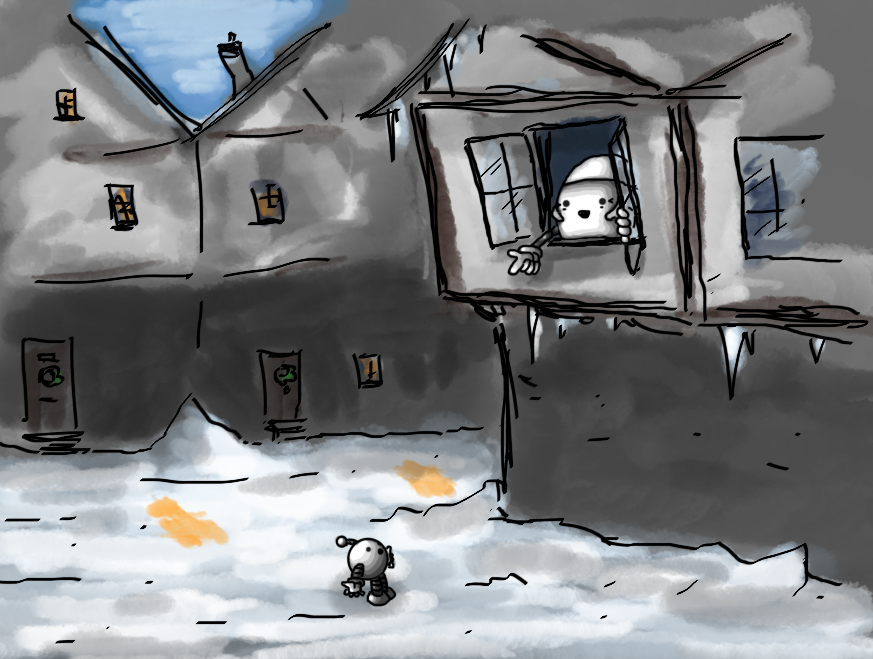 A Victorian city street, covered in snow and ice. Windows in the background are lit up, casting light on the snowy ground, while the sky above is pale and blue. Scroogebot leans out of an upstairs window it's thrown open, smiling and pointing down at a small, spherical robot with banded arms and legs and an antenna, holding out its hands.