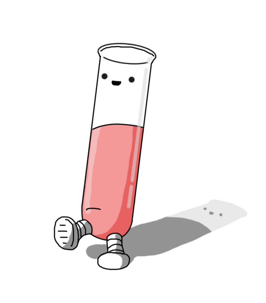 A robot in the form of a test tube. It has banded legs on the bottom and a smiling face near the top. The robot is about half full of an opaque pink liquid.