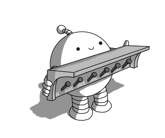 A spherical robot with banded arms and legs and an antenna. It's smiling and across its chest it's holding what appears to be a wooden, wall-mounted hat rack, with several pegs below a shelf mounted on curved brackets.