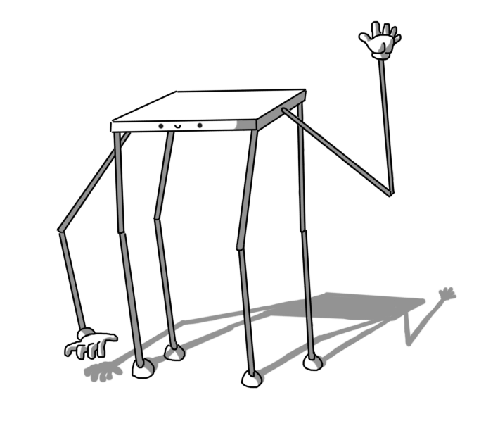 A robot in the form of a rectangular platform with its smiling face on one of the long sides. It has four long, jointed legs on each of its corners, and two equally long jointed arms connected to its short sides. One arm is reaching down, fingers splayed to grab something, while the other is waving.