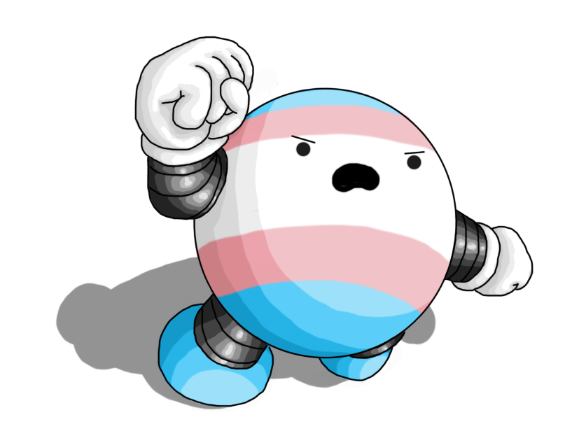 A spherical robot with banded arms and legs. It has one fist cocked and its lunging forward, yelling angrily. It's drawn in full colour, and its body is striped in the blue-pink-white-pink-blue of the trans pride flag.