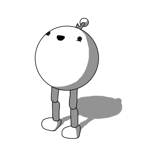 A spherical robot with two jointed legs and a zigzag antenna. It's standing and looking upwards, a joyous expression in its face.