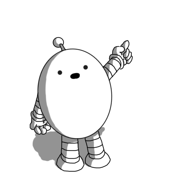 An ovoid robot with banded arms and legs and an antenna. It's standing, pointing towards the top right of the frame, opening its mouth as if speaking and looking directly at the viewer.