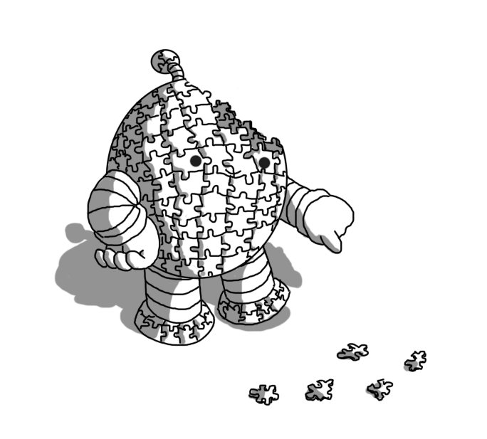 A smiling, spherical robot with banded arms and legs and an antenna. Its body, feet and antenna bobble are constructed from puzzle pieces. Part of the robot's body is incomplete, displaying part of its empty interior, and it has one hand on its hip while pointing with the other at a scattering of puzzle pieces on the floor.