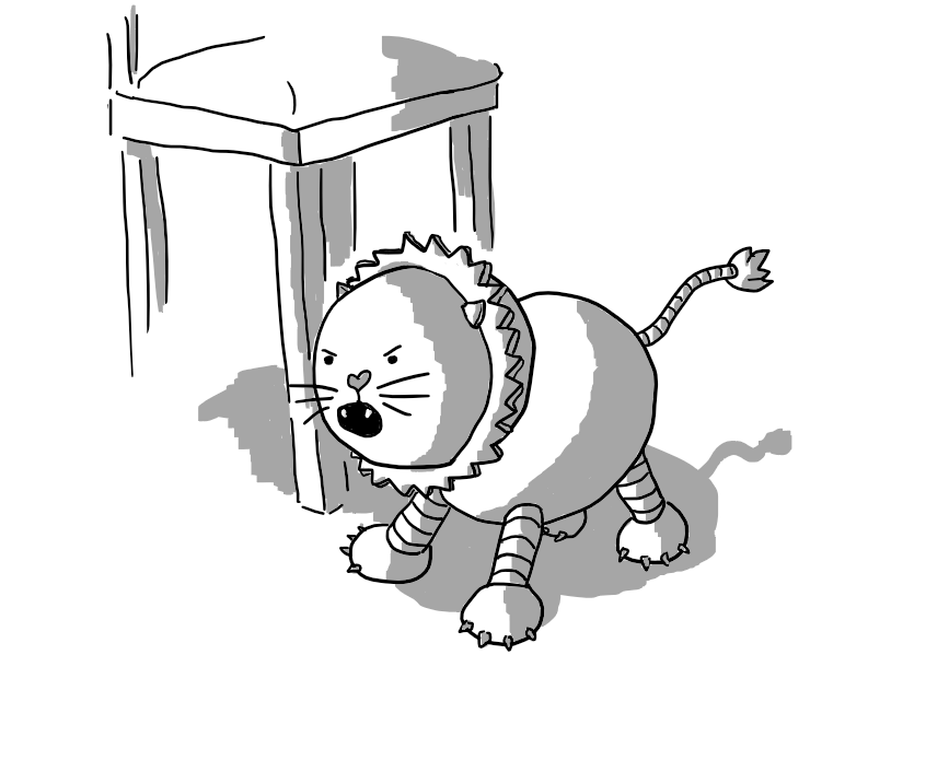 A robotic lion with banded limbs and tail and a spiky mane fringing its head. It's roaring angrily at something and standing in the shadow of a dining chair.