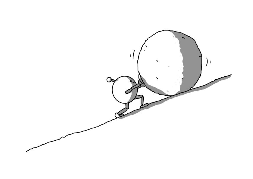 A spherical robot with jointed arms and legs and an antenna, pushing a large, craggy boulder up a slope inclined at twenty degrees. The robot looks perfectly happy with the situation.