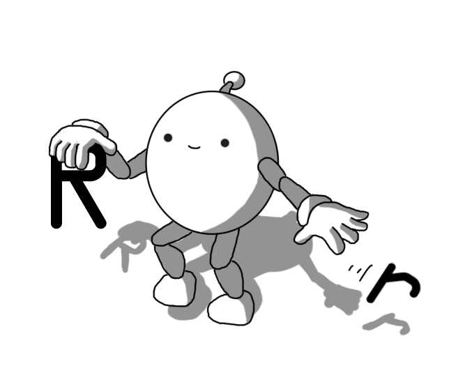 A smiling, round robot with jointed arms and legs and an antenna. It's picking up a large, black capital 'R', while pushing away a lower case 'r' with the other hand.
