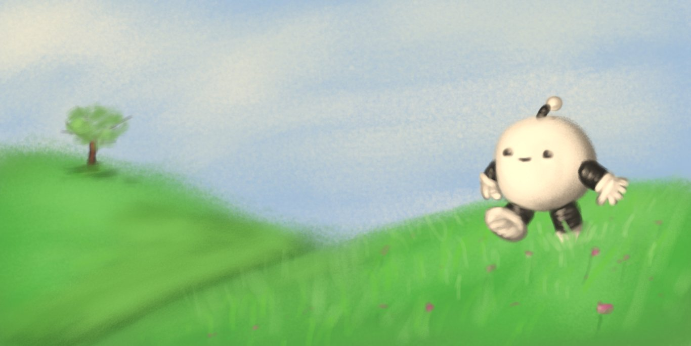 A soft, pastel drawing of a round robot with banded arms and legs and an antenna, walking along a grassy hillside peppered with small, purple flowers. A second hillside is visible in the background, with a lone tree near its top. The sky above is blue, feathered with paler clouds, and everything is tinted slightly towards the warm end of the spectrum, suggesting it could be early in the morning or late in the afternoon.