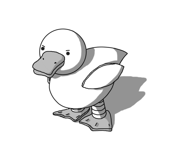 A robot in the form of a little duck. It has a spherical head and a tapering body, with almond-shaped wings on its sides. It has banded legs and flat, webbed feet. For some reason, it's making a little grumpy face.