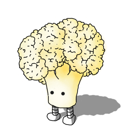 A robot in the form of a floret of cauliflower, cut off at the stem, with two banded legs on the underside. The robot just has eyes, which are on the stem.