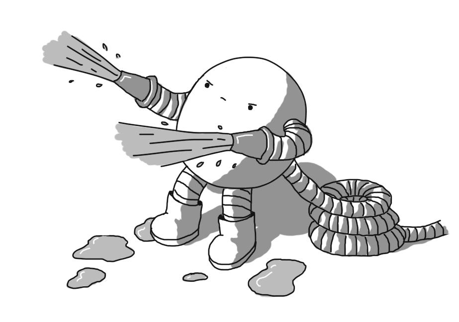 A round robot with banded arms and legs. Its arms end in metallic nozzles that are each emitting a gout of water, and a banded, coiled tube is attached to its back, presumably connected to an off-screen water source. The robot wears little boots and there are puddles on the floor around it. Its face is very determined.