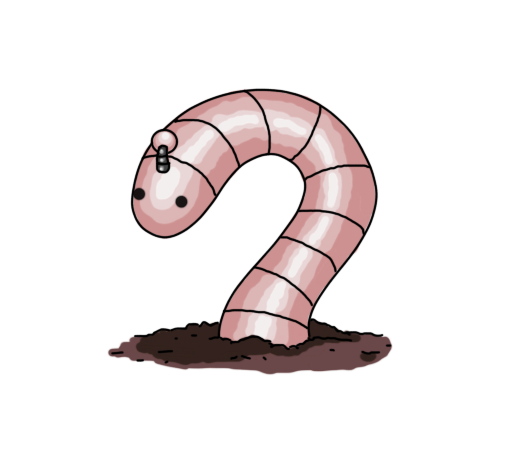 A robot in the form of an earthworm - basically just a regular banded robot limb with a rounded end that has two eyes on it, emerging from a patch of brown soil. It has an antenna with a bobble on its head section, and is coloured dull pink with a reflective sheen.