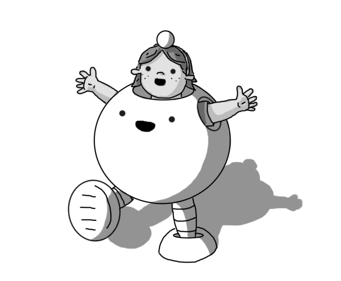 A robot in the form of a costume for a small child. A child is wearing it, and it takes the form of a spherical shell that covers their torso, with circular holes for the arms, head and legs (though you can't see these). The child wears a hairband with a spherical bobble on the top, representing the robot's antenna, their arms are the arms, and they're wearing stripy tights to imitate the appearance of banded robot legs. Finally, the costume comes with large, round shoes that look like the hemispherical feet common to most small robots. Both robot and child are smiling widely, and the child is walking along, one foot raised, arms held out, in a common small robot pose.
