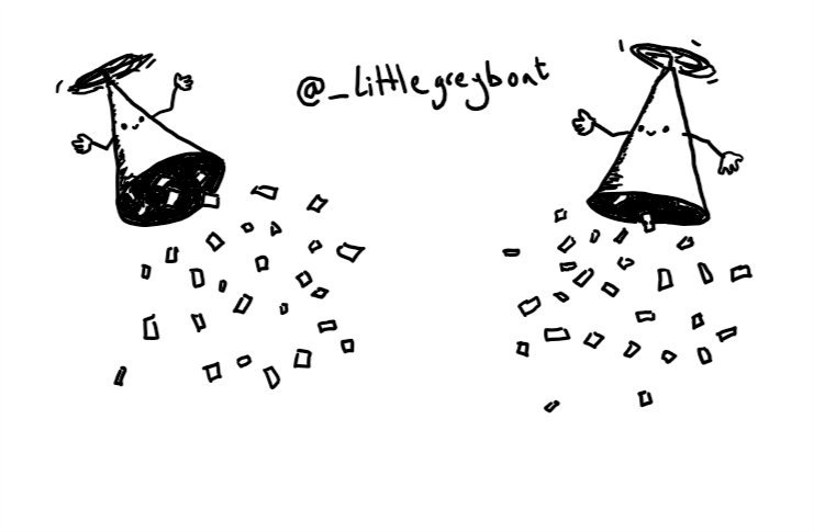 Two apparently-hollow conical robots, with propellers on their pointed ends holding them aloft as confetti rains from each of their open bases. Both robots have smiley faces and are happily waving their little arms in the air.