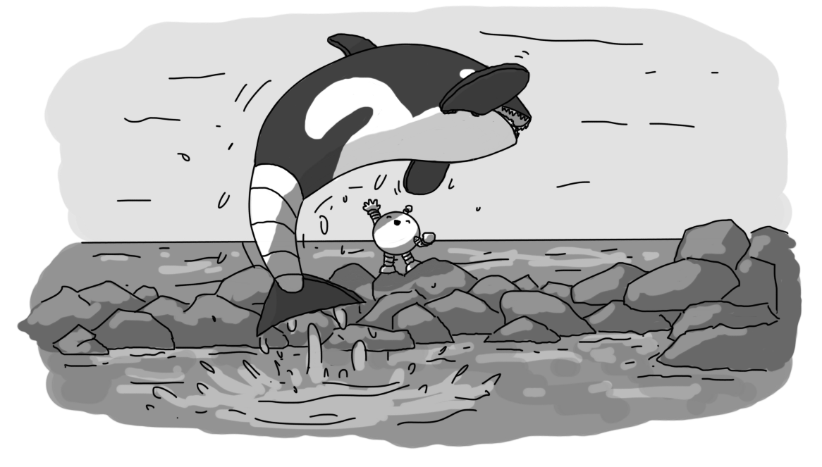 An image mimicking the famous poster from the 1993 family film 'Free Willy', where the titular orca (killer whale) is leaping out of the water over the human protagonist as he stands on a sea wall composed of heaped stones. In this case, both boy and orca are robots - the former is a spherical robot with banded arms and legs and an antenna, holding up one arm and tilting back, smiling in exultation, while the latter looks like an orca. It has a banded tail, two hinged flippers on either side, a mouth filled with sharp teeth and a pointed dorsal fin. Like an orca, its body is patterned black and white.