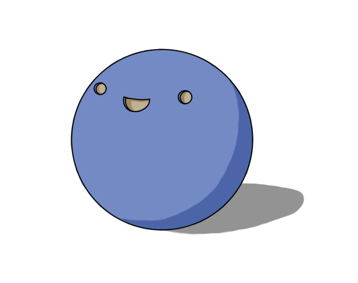 A blue sphere with a smiling face on it, which is recessed and reveals a dull brown layer beneath.