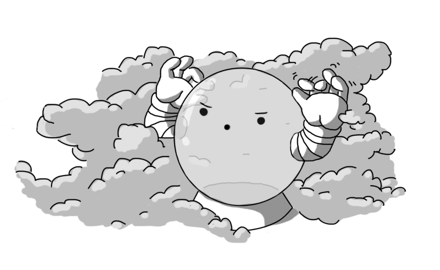 A robot in the form of a crystal ball. It's on a little tapered base and has two banded arms. One hand is resting against its surface, while the other is held up, fingers waggling in a spooky manner. The robot has a determined face, and its mouth looks like it's going, "ooooooh". Opaque clouds surround and enfold it, adding to its general sense of faintly sinister mysticism.