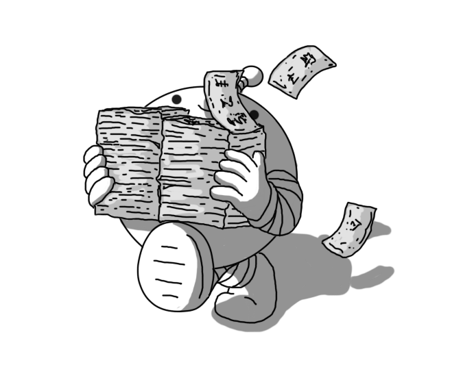 A spherical robot with banded arms and legs and an antenna, walking along holding two large stacks of notes/bills (as in money) that cover most of its body. A few of the notes are flying free, fluttering behind it.