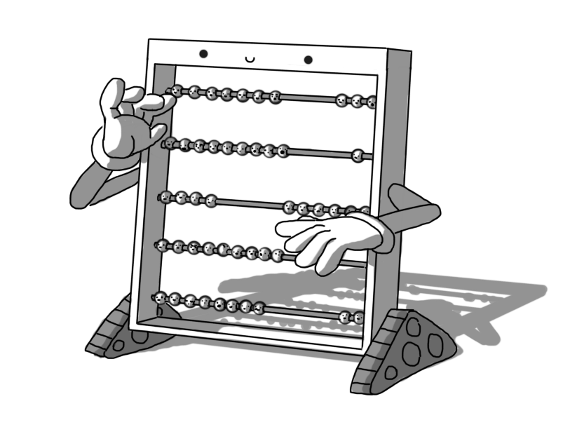 A robot in the form of a rectangular abacus. Its frame holds five rods or wires strung with spherical beads, each of which is also a little robot with a face on it. The main robot's smiling face is at the top of its frame and it has two jointed arms, the hands of which are moving to manipulate the beads. It has two triangular tracks on either side of its base. The bead-robots have various different expressions. Some are talking to each other, or looking at the approaching hands, and a couple, naturally, are asleep.