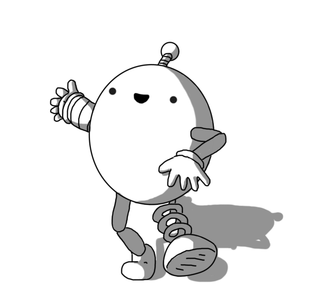 An ovoid robot with various different limbs: it has one banded arm, one jointed arm, one leg that looks like a coiled spring, and one that's also jointed. It's antenna is on a banded stalk. The robot looks quite happy with the situation.