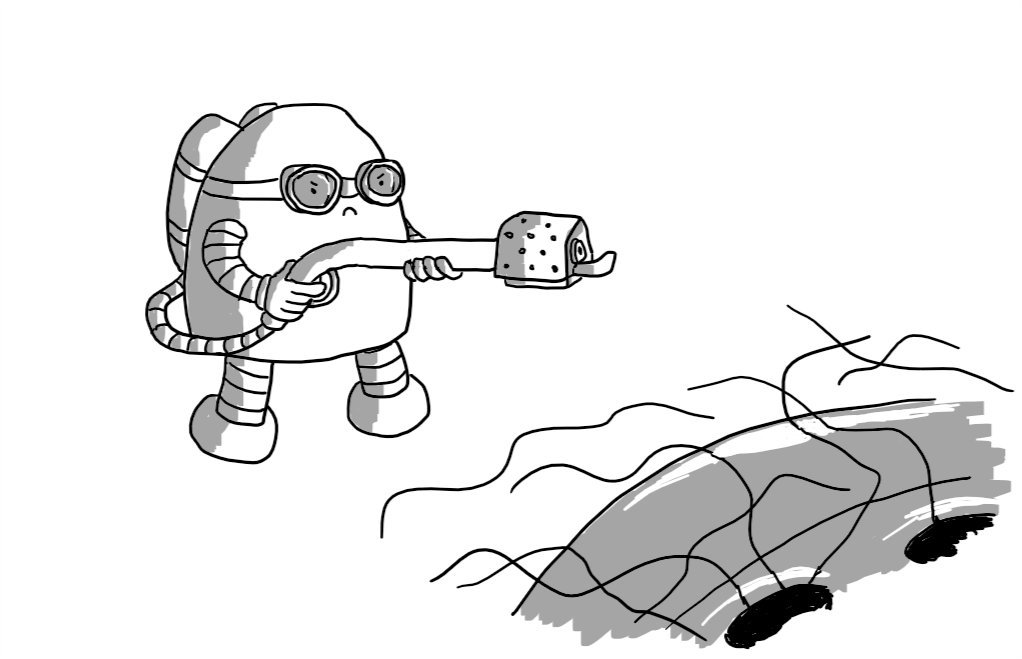 A round-topped robot weilding a flamethrower and wearing goggles, approaching a shower plughole covered with hair with a determined expression on its face.