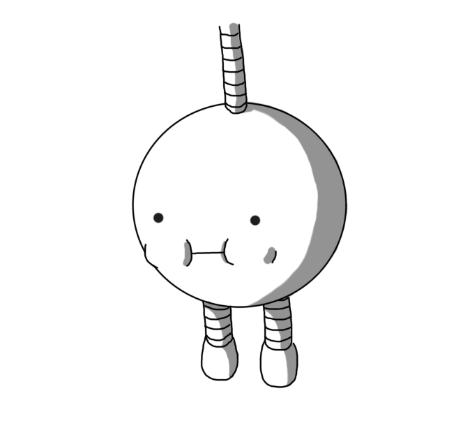 A spherical robot with two banded legs. It's suspended from above by a banded cord so its legs are hanging down, and its cheeks are bulging.