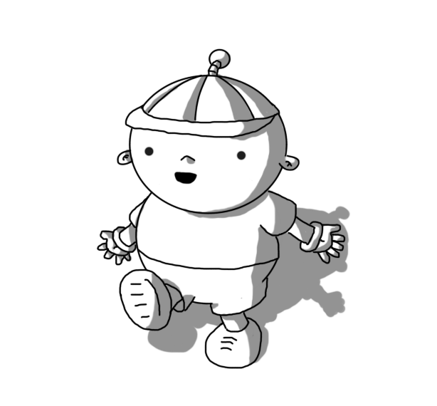 A picture of a sort of stylised child. It has an ovoid head, is wearing a cap with a banded robot antenna on the top. Its body is scarcely larger than its head and its wearing shorts and t-shirt. It has gloves on like the small robots and its feet are like small robot feet except they have laces. The robot (?) is walking forward, smiling.
